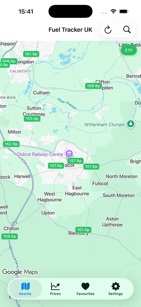 Fuel Tracker UK on iPhone: a map of nearby stations, each pinned with its current price